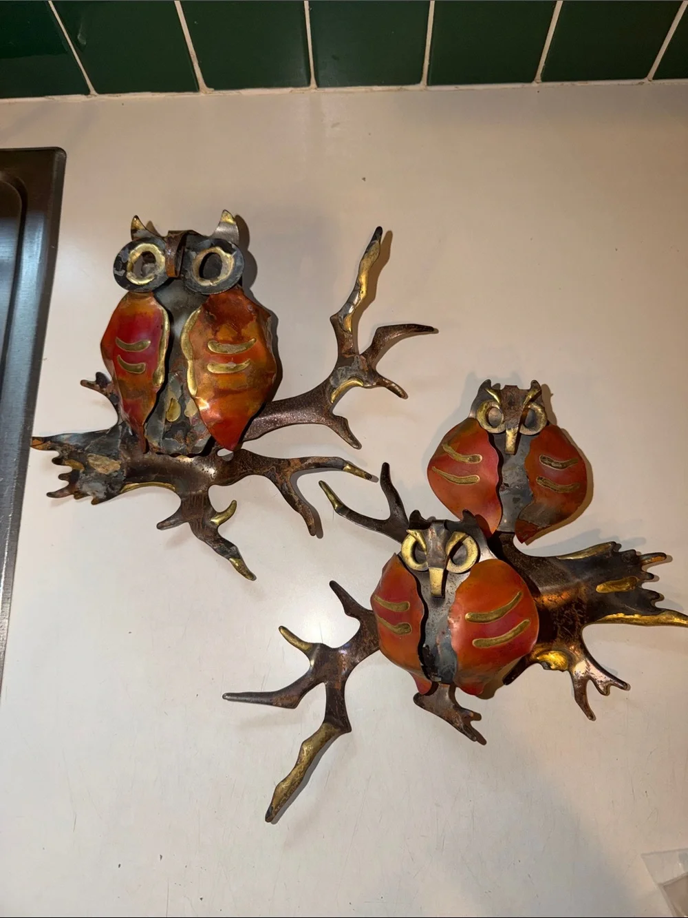 MCM Brutalist Metal Owl Wall Art Hanging Sculpture Gold Enamel Home Interiors X2